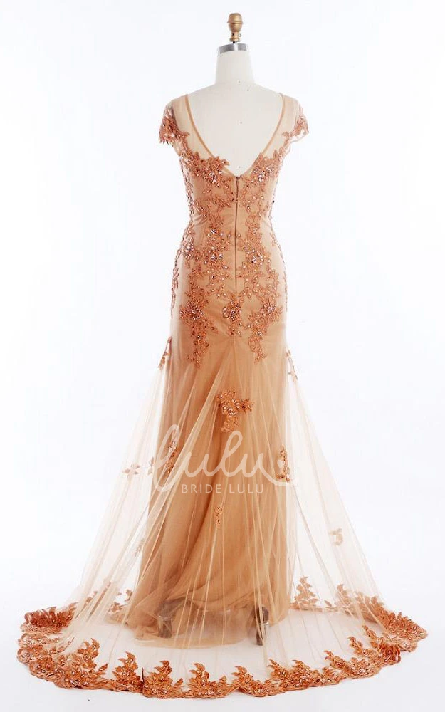 Long Mermaid Dress with Cap Sleeves and Appliques for Bridesmaids