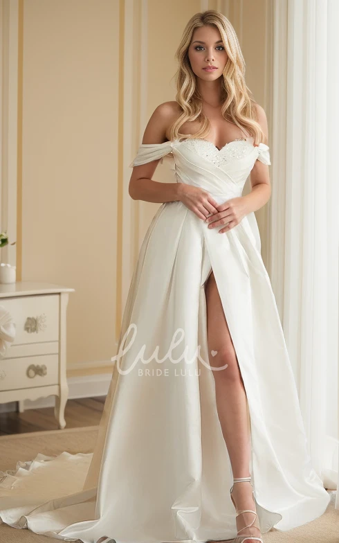 Sexy Elegant A-Line Off-the-Shoulder Ruched Wedding Dress Classic Unique Sequins Sweetheart Neckline Split Front Bridal Gown