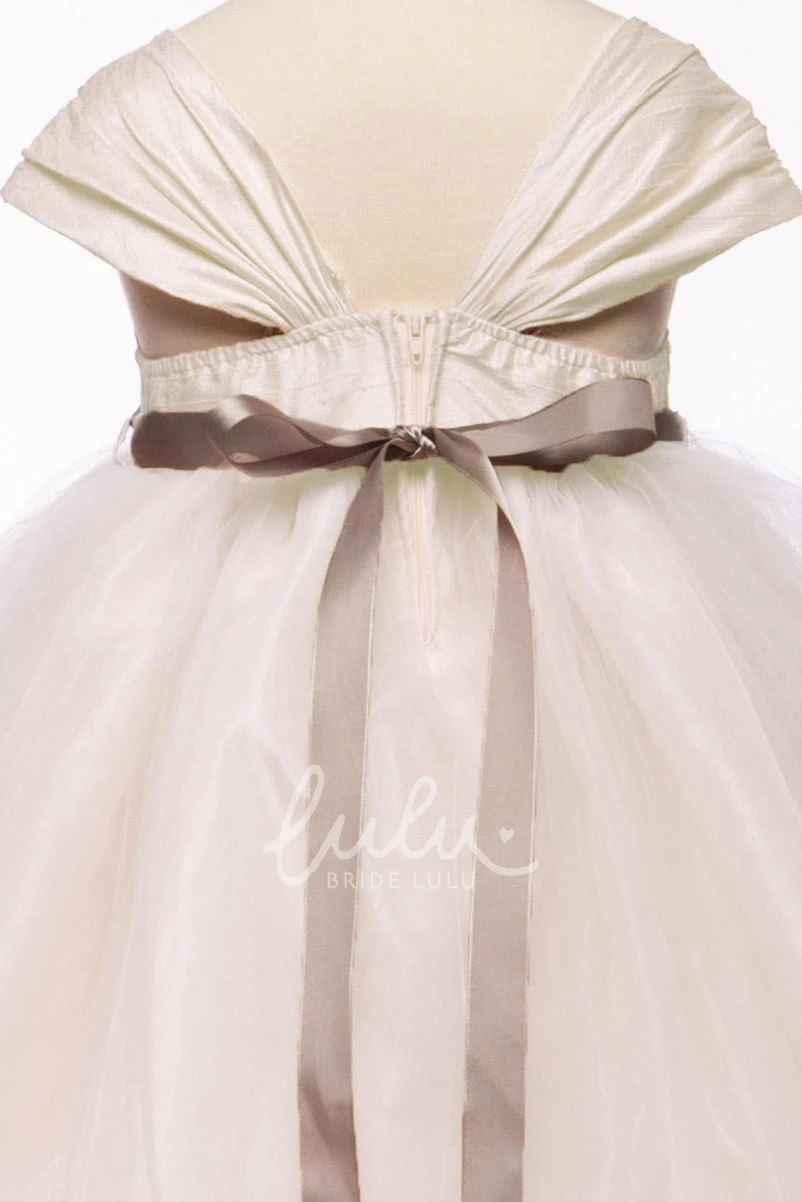 Cap-Sleeve Tulle & Satin Ruched Tea-Length Flower Girl Dress Modern Wedding Dress