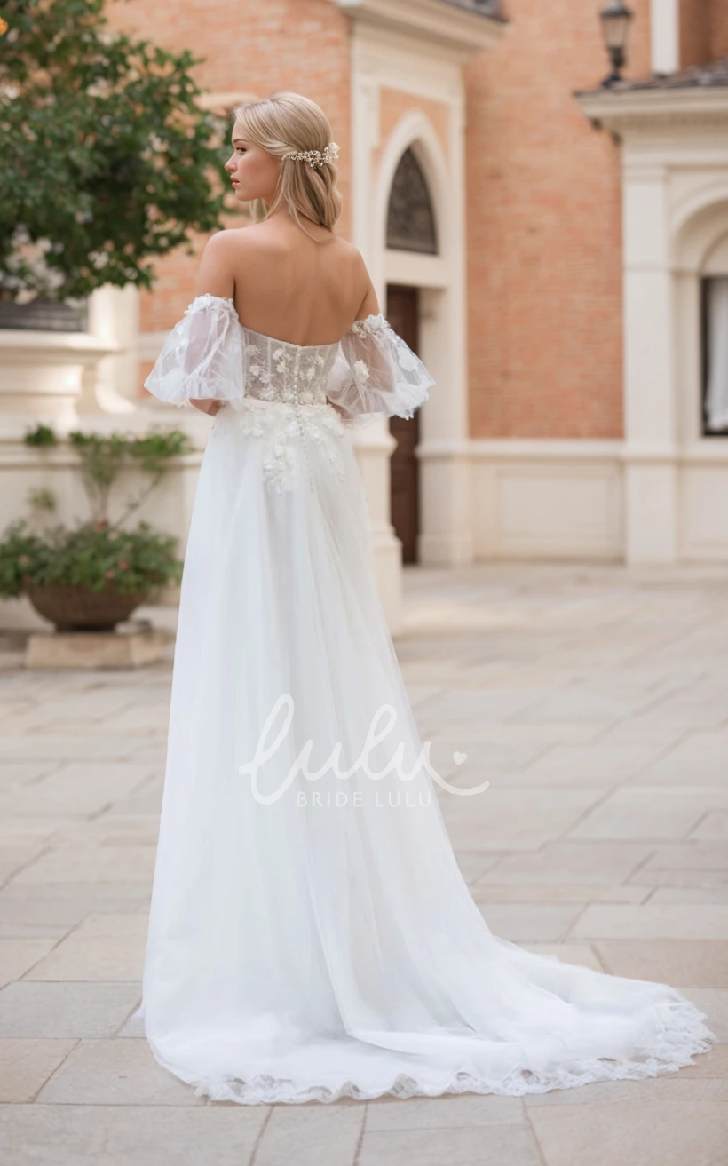 Ethereal Sexy A-Line Lace Tulle Wedding Dress Off Shoulder Puff Sleeves Open Back Bridal Gown