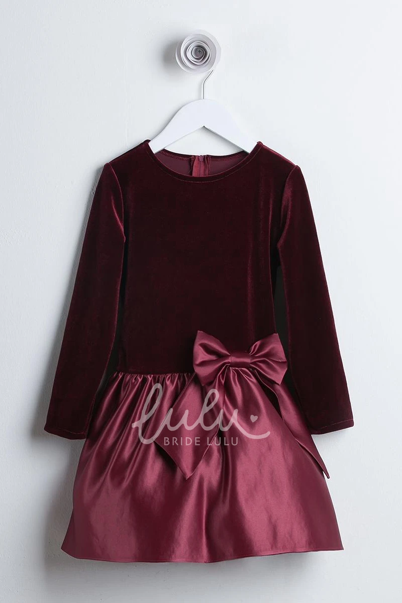 Long-Sleeve Satin Bowed Girl Dress Elegant Winter Wedding Dress for Girls