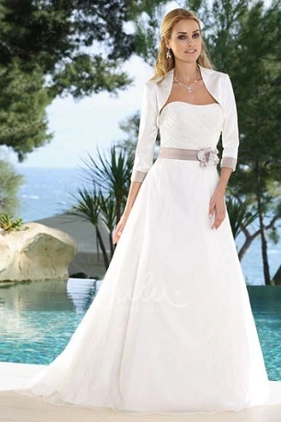 Satin Floral Wedding Dress with Ruching and Cape Strapless Floor-Length