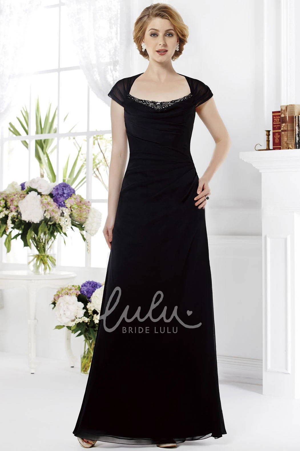 Long Mother of the Bride Dress with Cap Sleeves and Crystal Embellishments