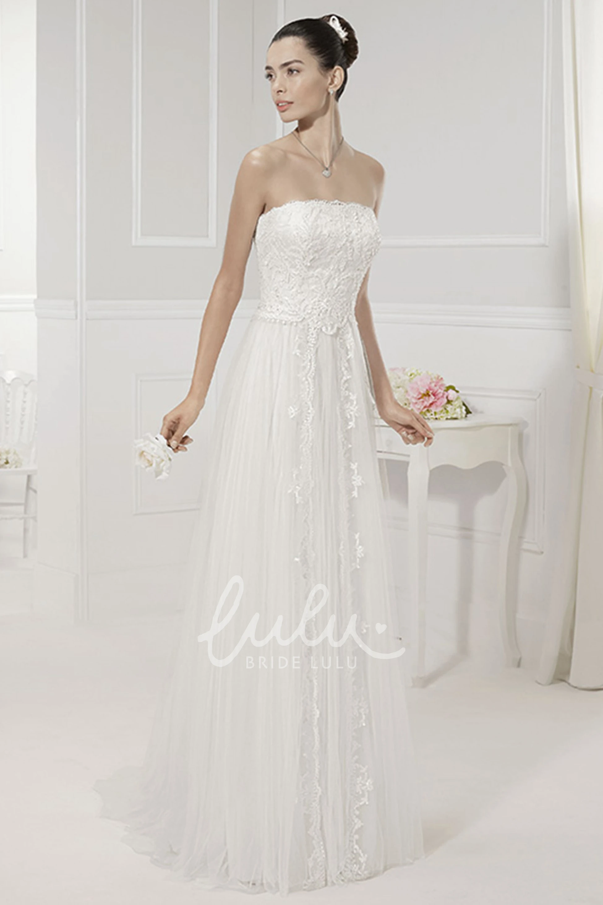 Sequined Tulle Strapless Wedding Dress with Removable Illusion Neckline