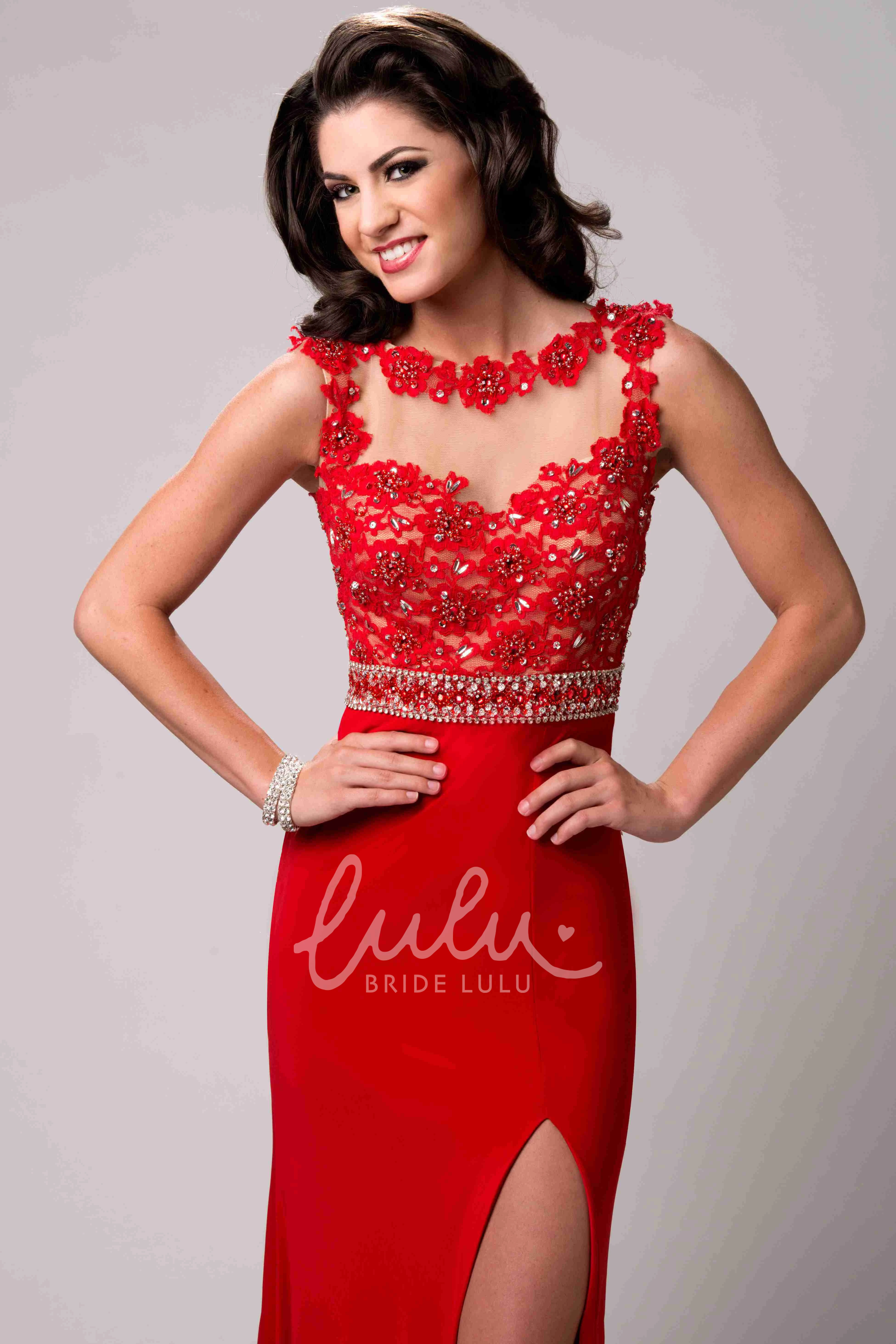 Beaded Lace Sleeveless Prom Dress Jersey Material with Side Slit