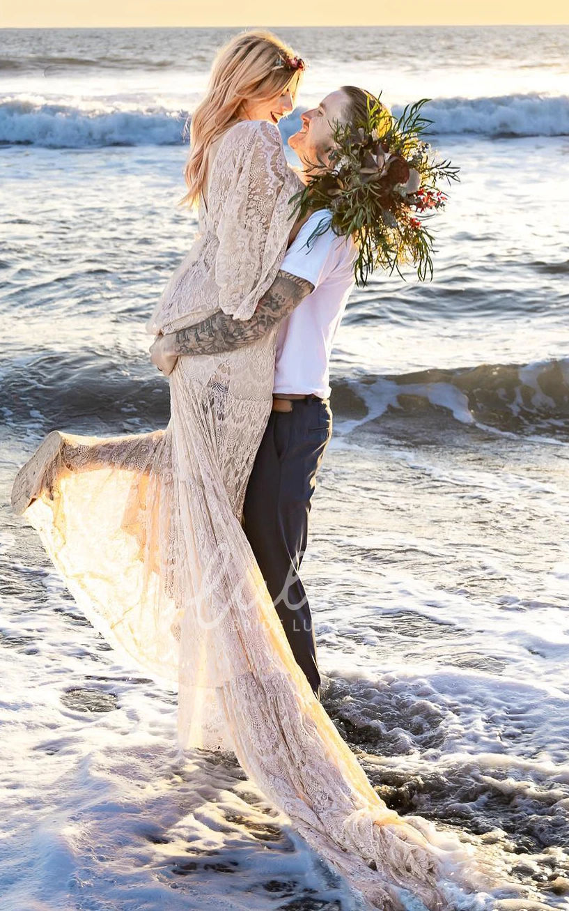 Romantic A-Line Lace Wedding Dress Long Sleeves Garden Elegant Bride Gown