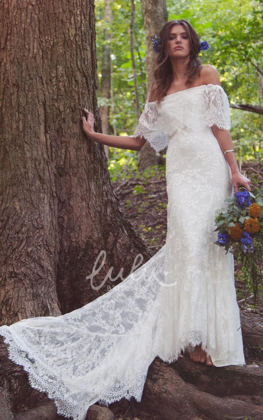 Scalloped Lace Off Shoulder Sheath Wedding Dress with Long Train