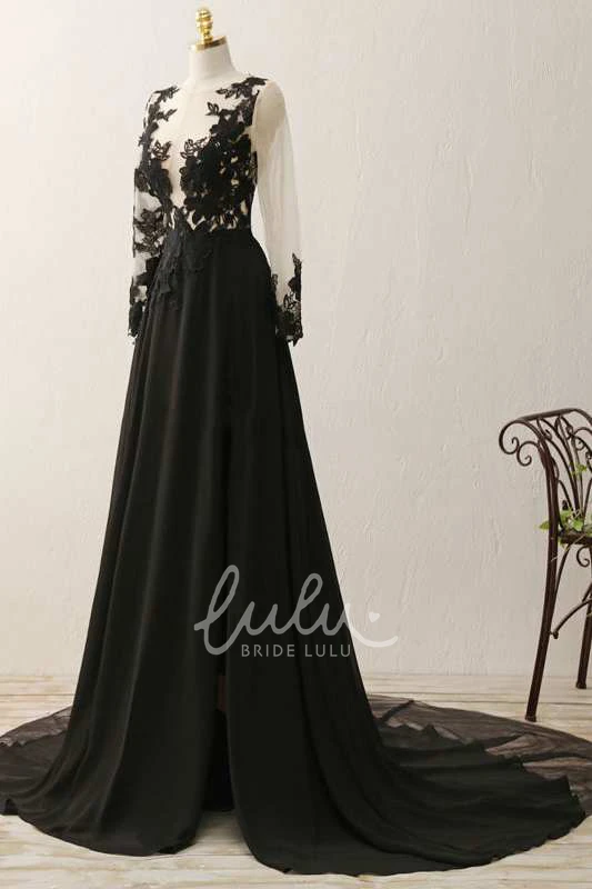 Long Sleeve Illusion Lace A-line Formal Dress with Chiffon Skirt