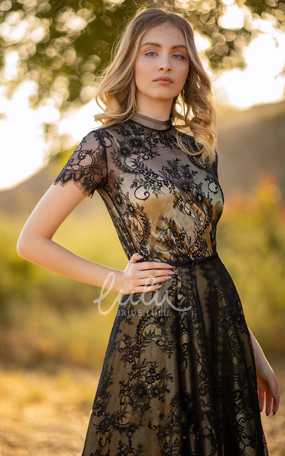 Ethereal A Line Lace Evening Gown with Jewel Neckline and Sleeves