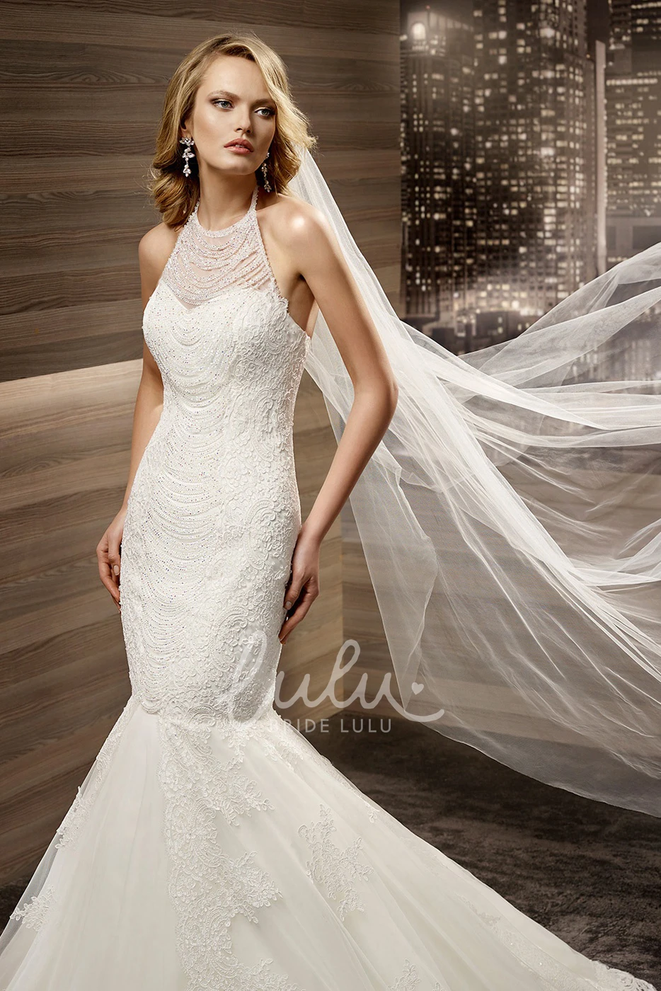 Mermaid Lace Bridal Gown with Halter Strap and Open Back