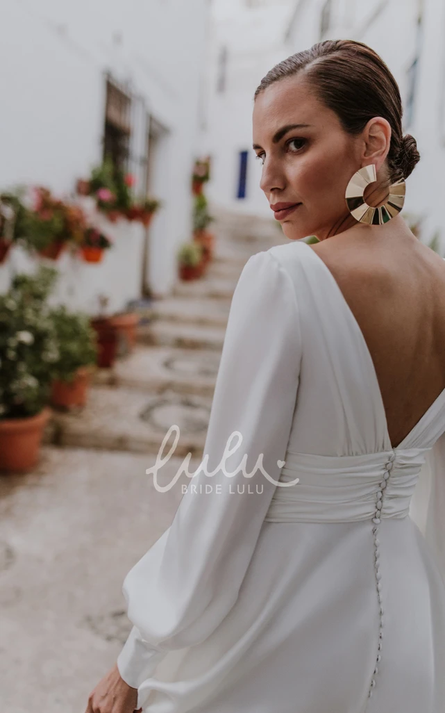 Romantic Wedding Dress with Button Back and Ruching V-neck A-Line Chiffon