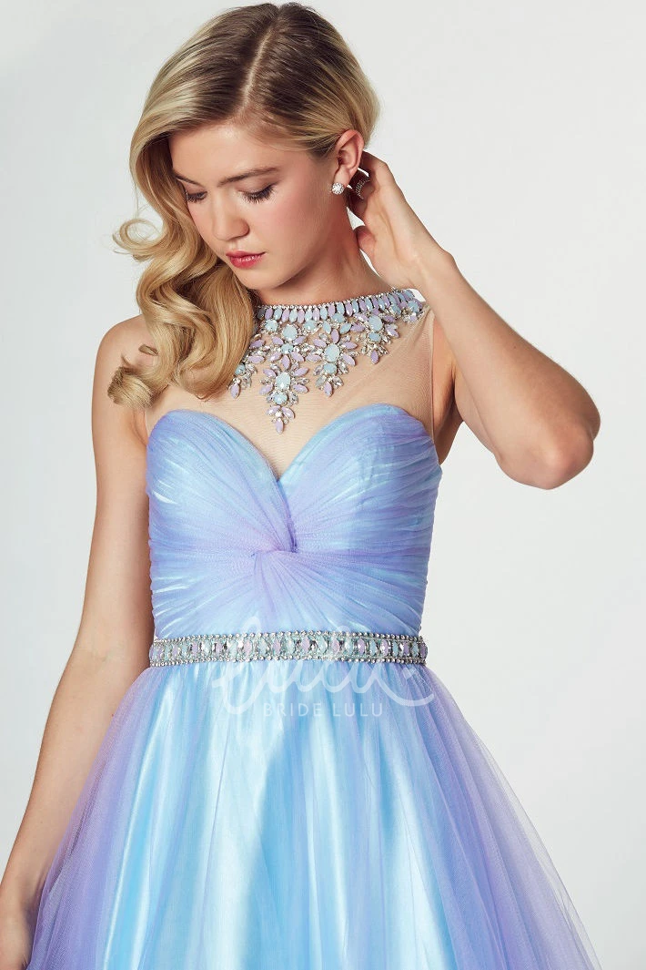 High Neck Sleeveless Ruched A-Line Tulle Prom Dress