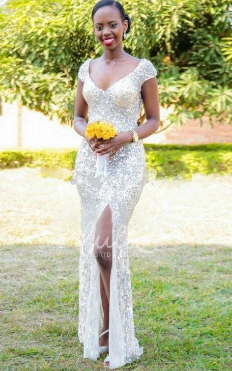 Sequined Sheath Prom Dress with Split and Cap Sleeves