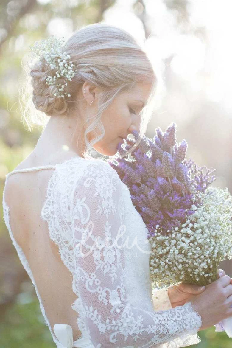 Illusion Chiffon Backless Dress with Sweep Train and Lace Sleeves