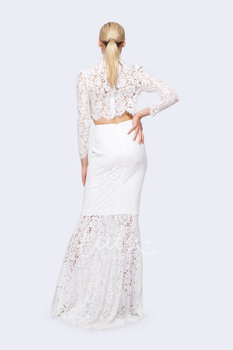 High Neck Sheath Lace Wedding Dress with Long Sleeves in Ankle-Length