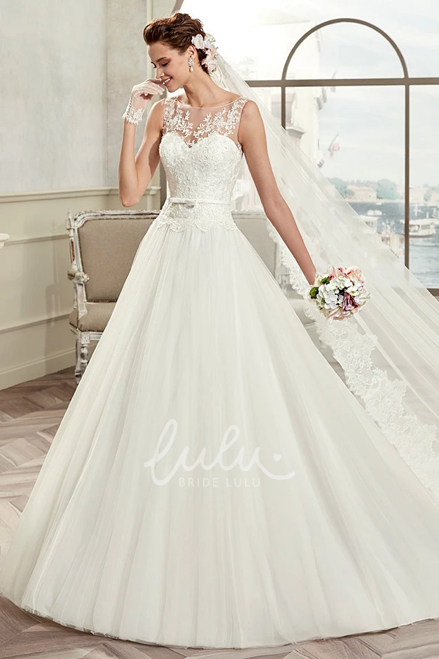 A-Line Bridal Gown with Puffy Skirt and Illusive Design Cap Sleeves