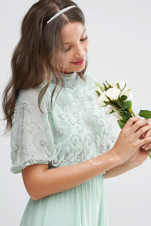 High Neck Bell Sleeve Chiffon Bridesmaid Dress with Pleats Floor-Length