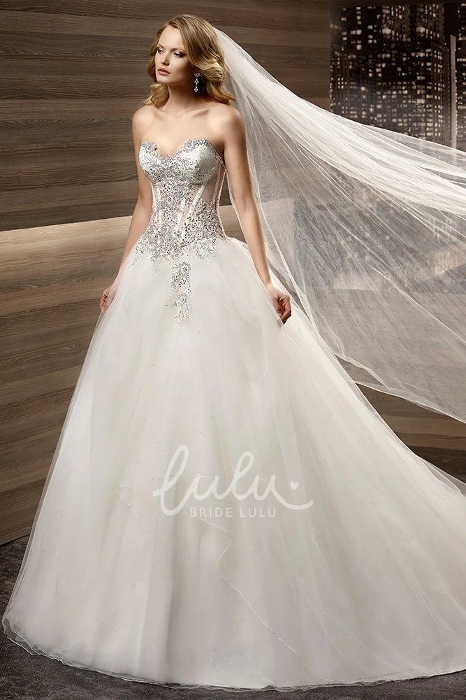 Tulle Skirt Beaded Corset A-Line Wedding Dress Sweetheart Brush Train