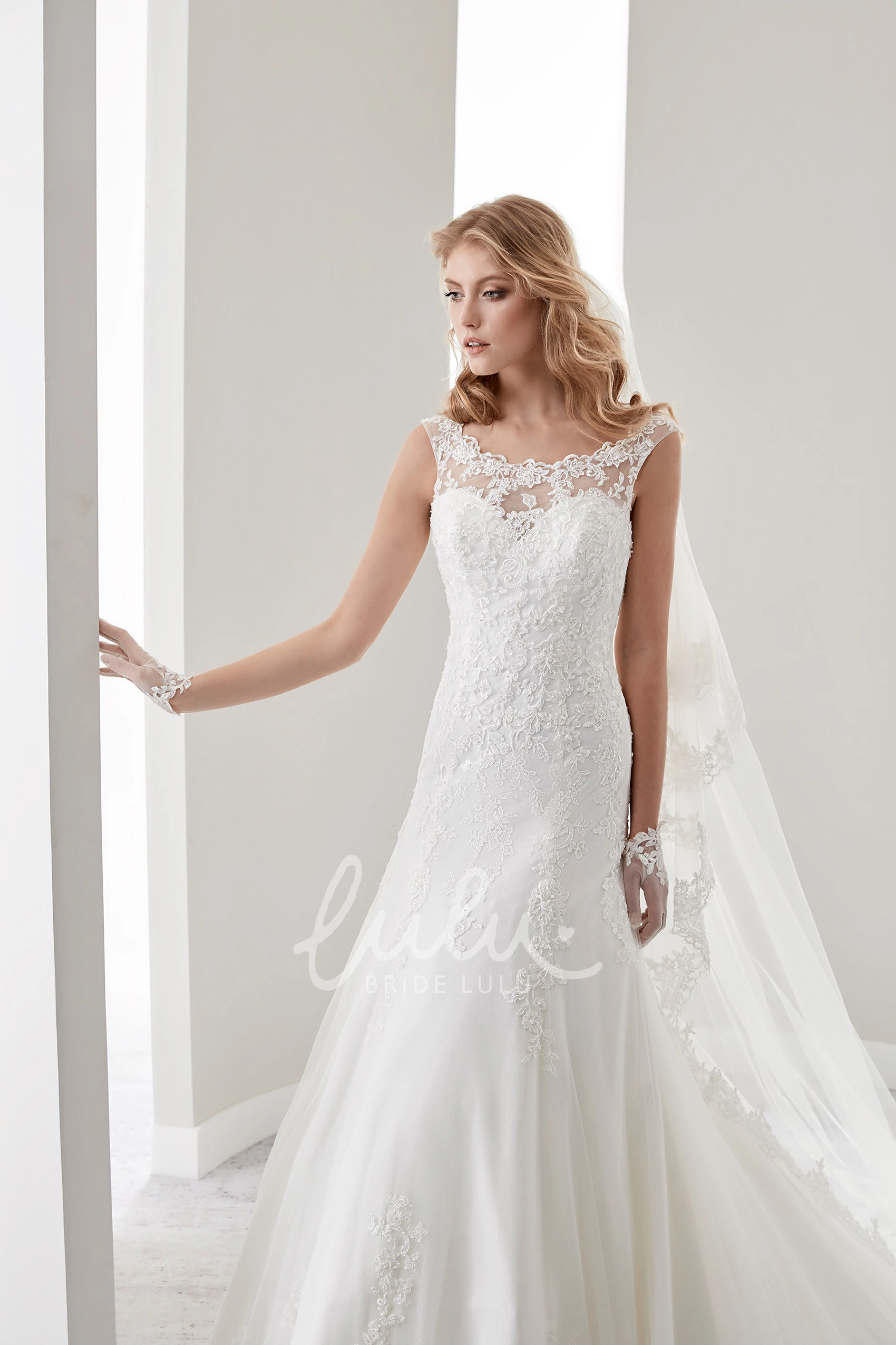 Lace Wedding Dress with Brush Train Cap Sleeves and Illusive Neckline and Back