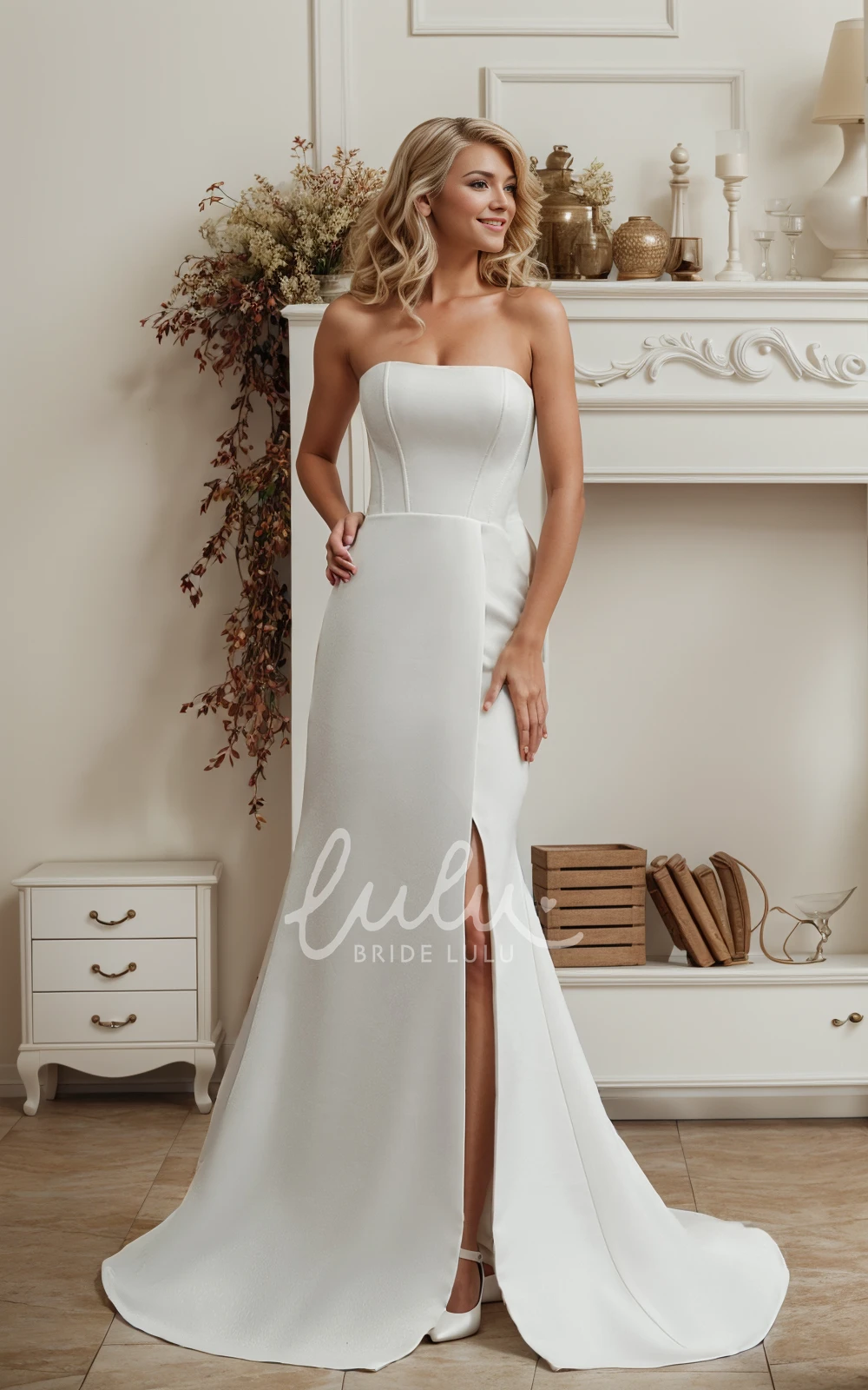 Elegant Simple Mermaid Side Slit Floor Length Satin Wedding Dress Modern Solid Seetheart Neckline Sleeveless Beach Bridal Gown with Sweep Train