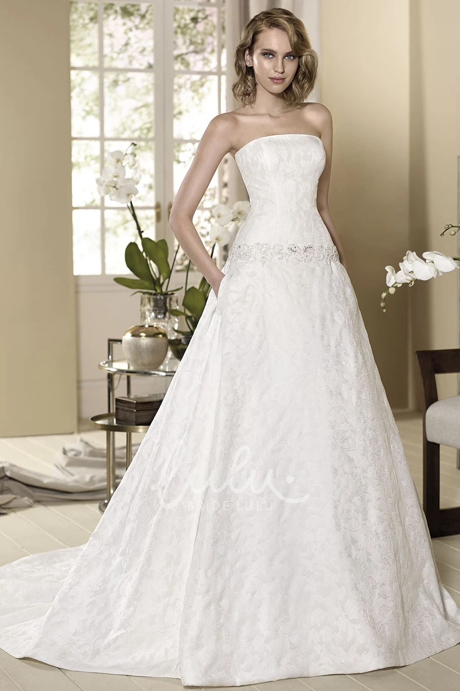 Jeweled Strapless Sleeveless Ball Gown Wedding Dress with Floor-Length