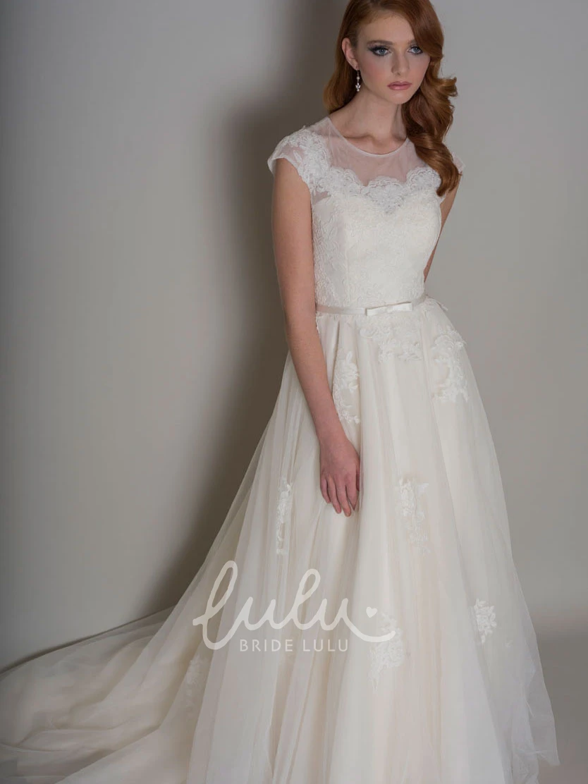 Appliqued Cap-Sleeve Tulle Wedding Dress Long Scoop-Neck Bridal Gown