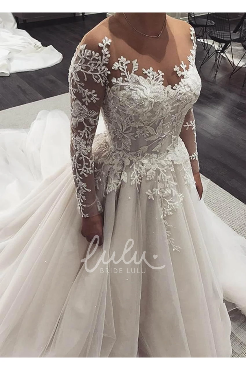 Elegant A-Line Tulle Winter Wedding Dress with Corset Back and Court Train