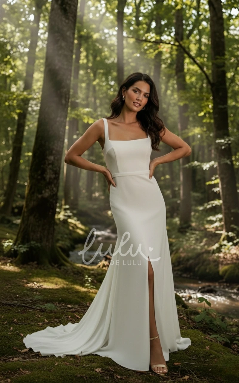 Simple A-LineSquare Neck Wedding Dress Sexy Sleeveless Deep V-Back Bridal Gown