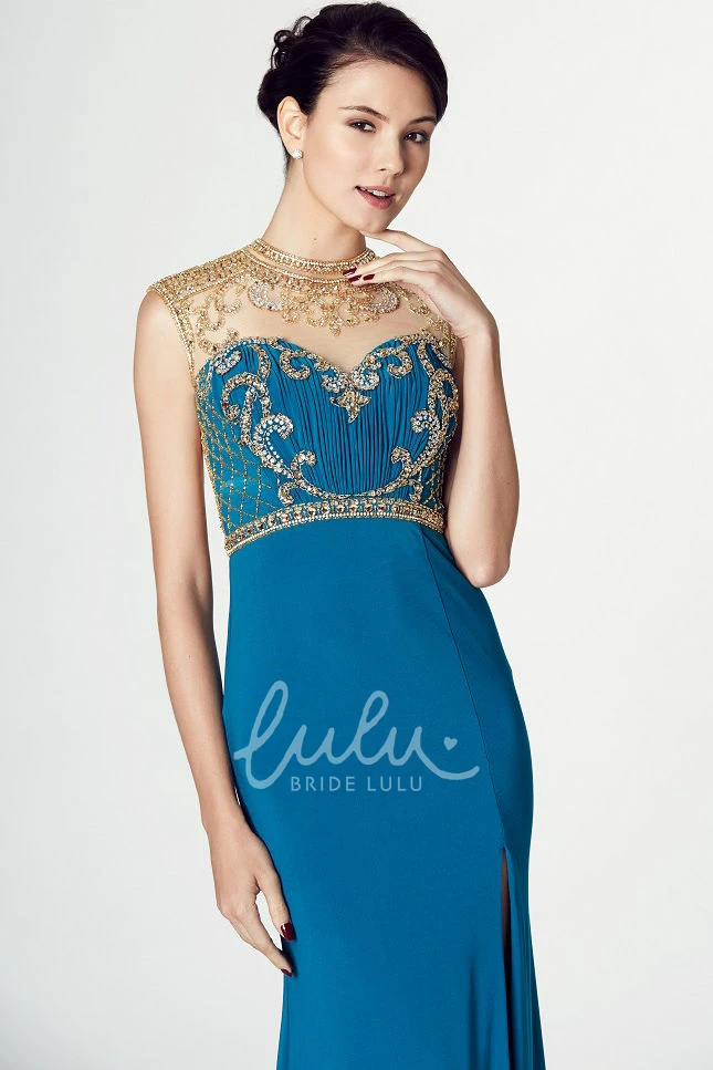 Illusion High Neck Split-Front Prom Dress with Beading Floor-Length