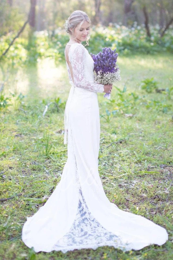 Illusion Chiffon Backless Dress with Sweep Train and Lace Sleeves