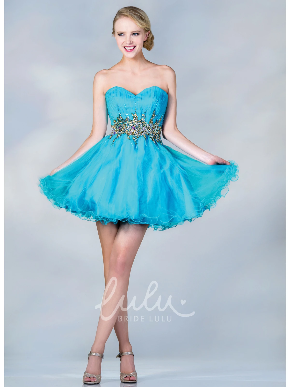 Sweetheart Satin A-Line Mini Dress with Ruffles and Waist Jewelry Formal Dress