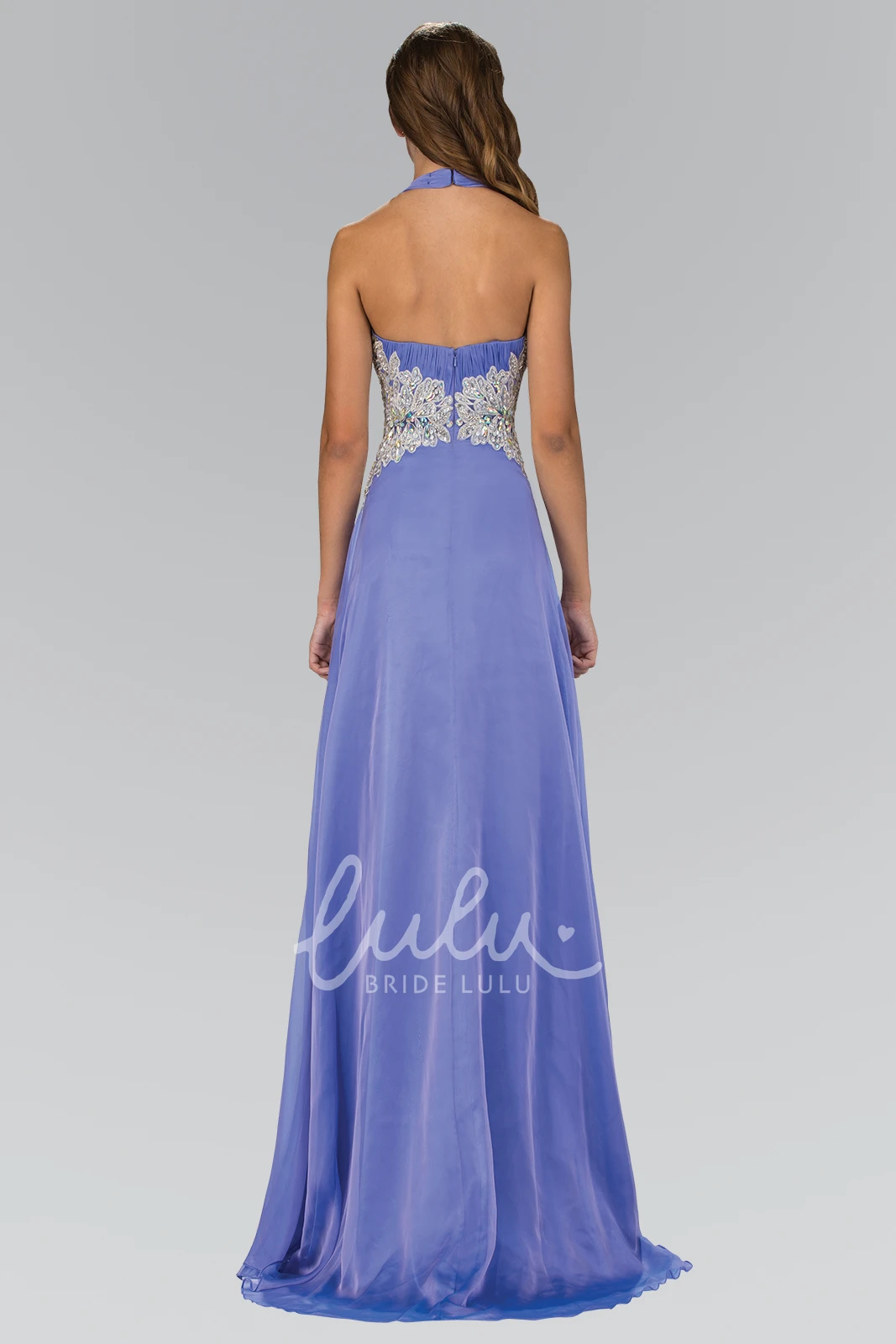 Halter Sheath Backless Formal Dress with Ruching and Waist Jewelry