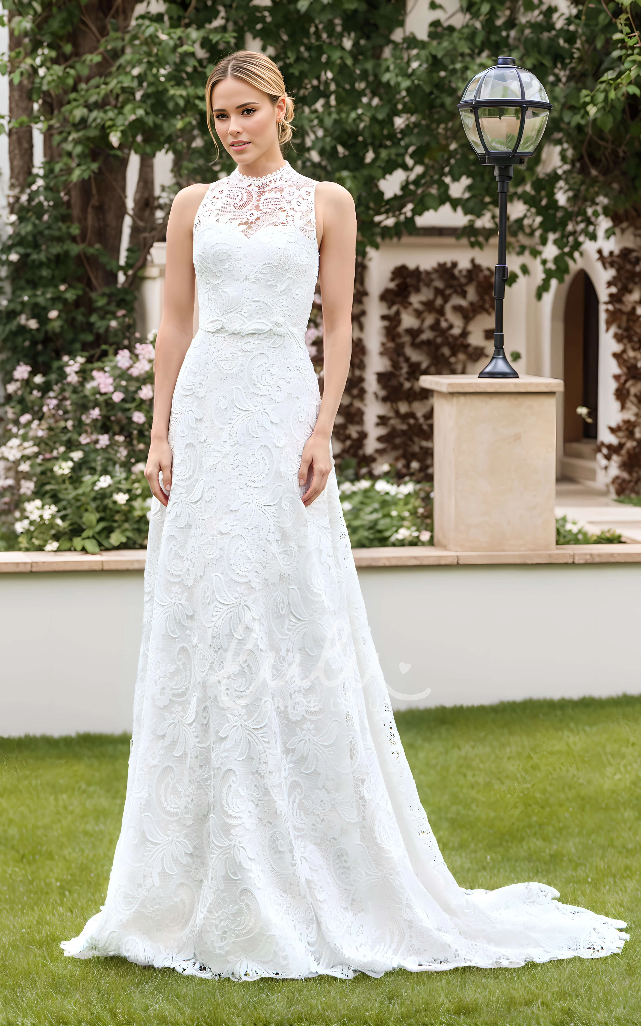 Modest Vintage A-Line Boho Lace High Neck Wedding Dress Elegant Floral Sleeveless Appliques Long Train Bridal Gown