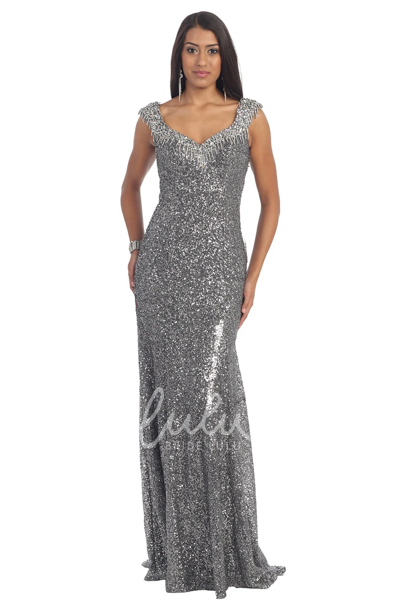 V-Neck Sequin Prom Dress with Pleats and Sleeveless Design