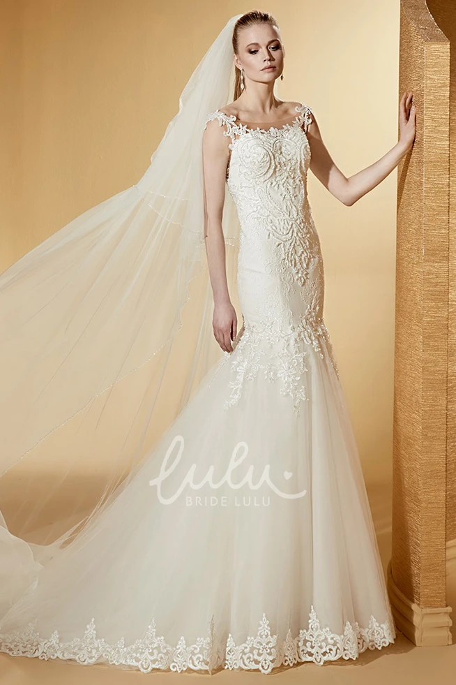 Mermaid Lace Wedding Dress with Scooped Neck and Brush Train Elegant and Beautiful