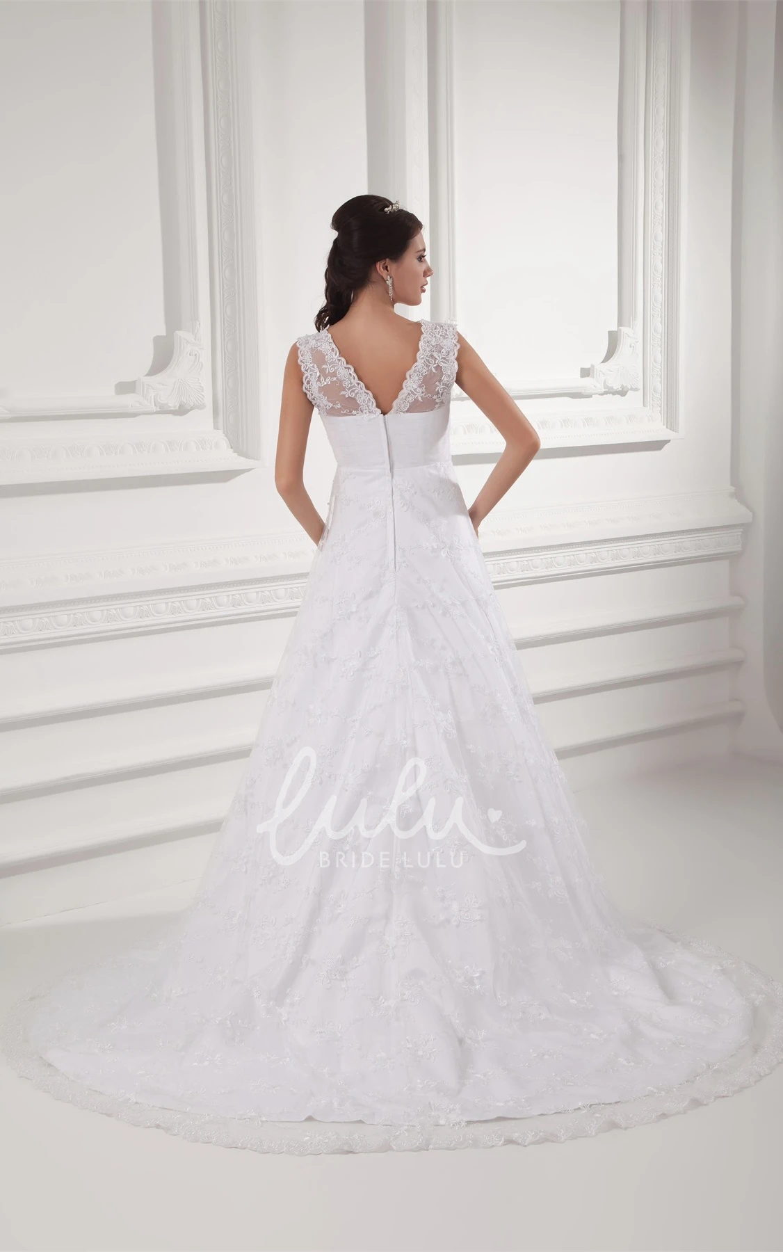 Lace A-line Wedding Gown with V-neck and Low-v Back Modern Bridal Dress