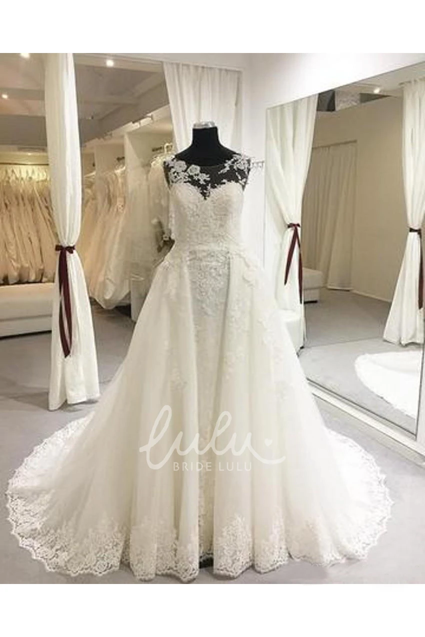 Delicate Appliques A-Line Wedding Dress with Lace Illusion Back and Brush Train