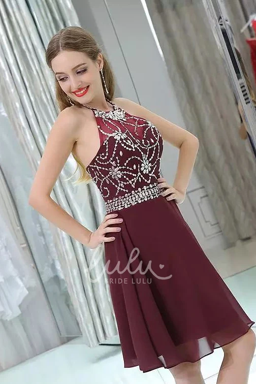 Halter Neckline Chiffon Homecoming Dress with A-line Silhouette and Beading