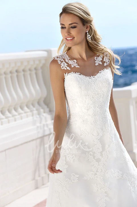 Long Satin V-Neck Wedding Dress with Illusion and Appliques