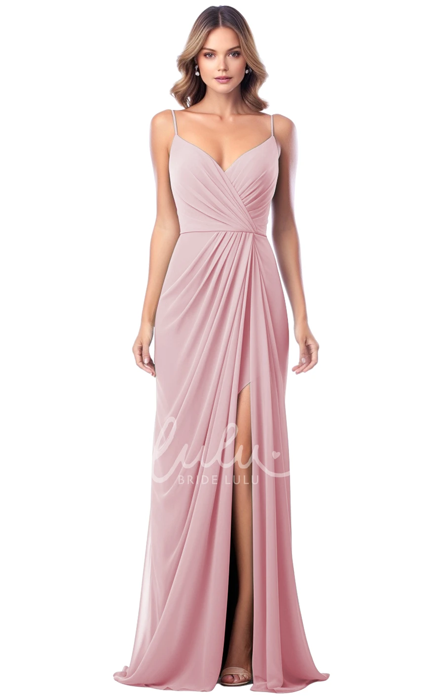 A-Line Satin V-neck Bridesmaid Dress with Split Front Simple & Elegant