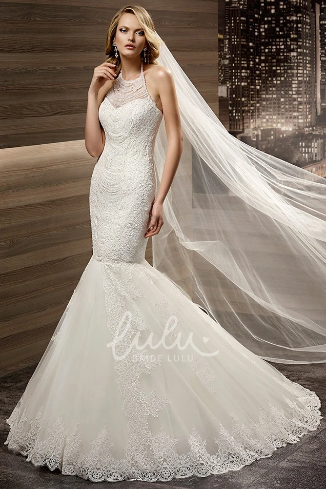 Mermaid Lace Bridal Gown with Halter Strap and Open Back