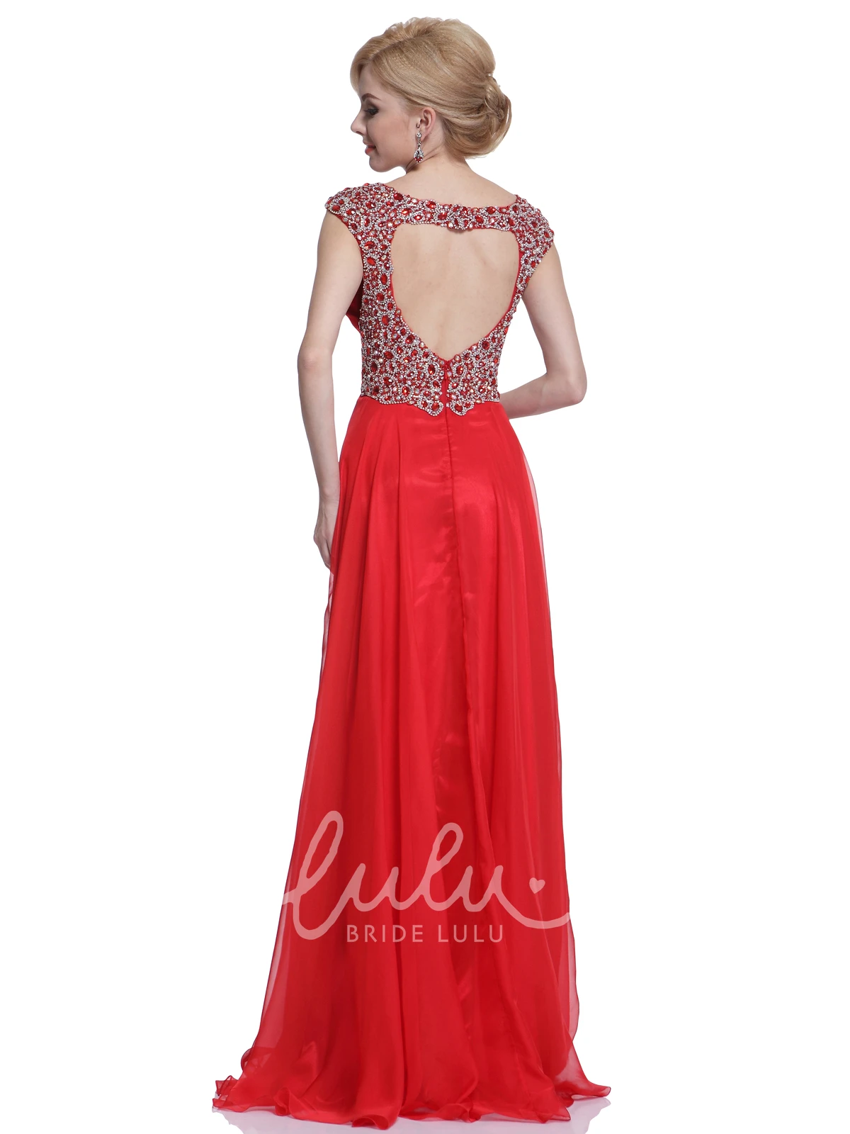 Queen Anne Chiffon Floor-Length A-Line Bridesmaid Dress with Keyhole and Beading