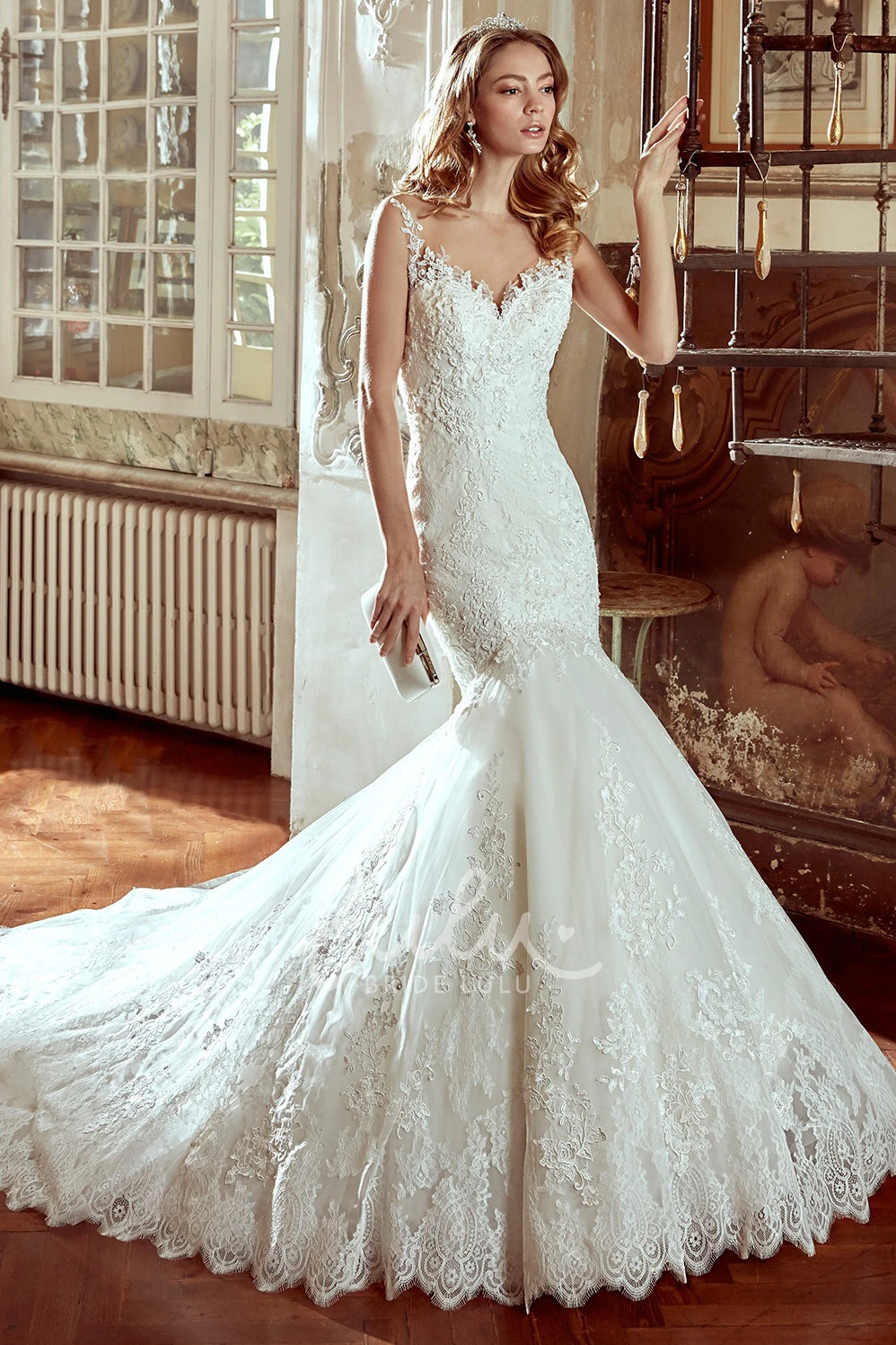 Mermaid Lace Strap-Neck Winter Wedding Dress with Illusion Back Stunning Bridal Gown