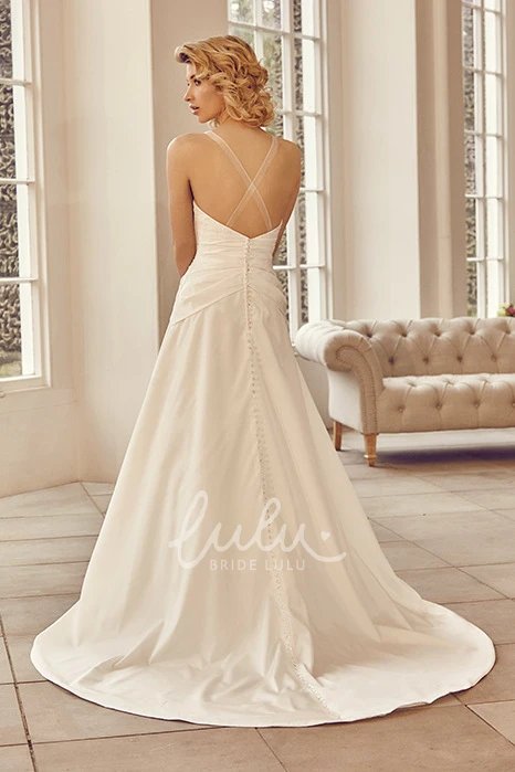 Satin Appliqued V-Neck Wedding Dress with Brush Train and Straps Timeless Bridal Gown