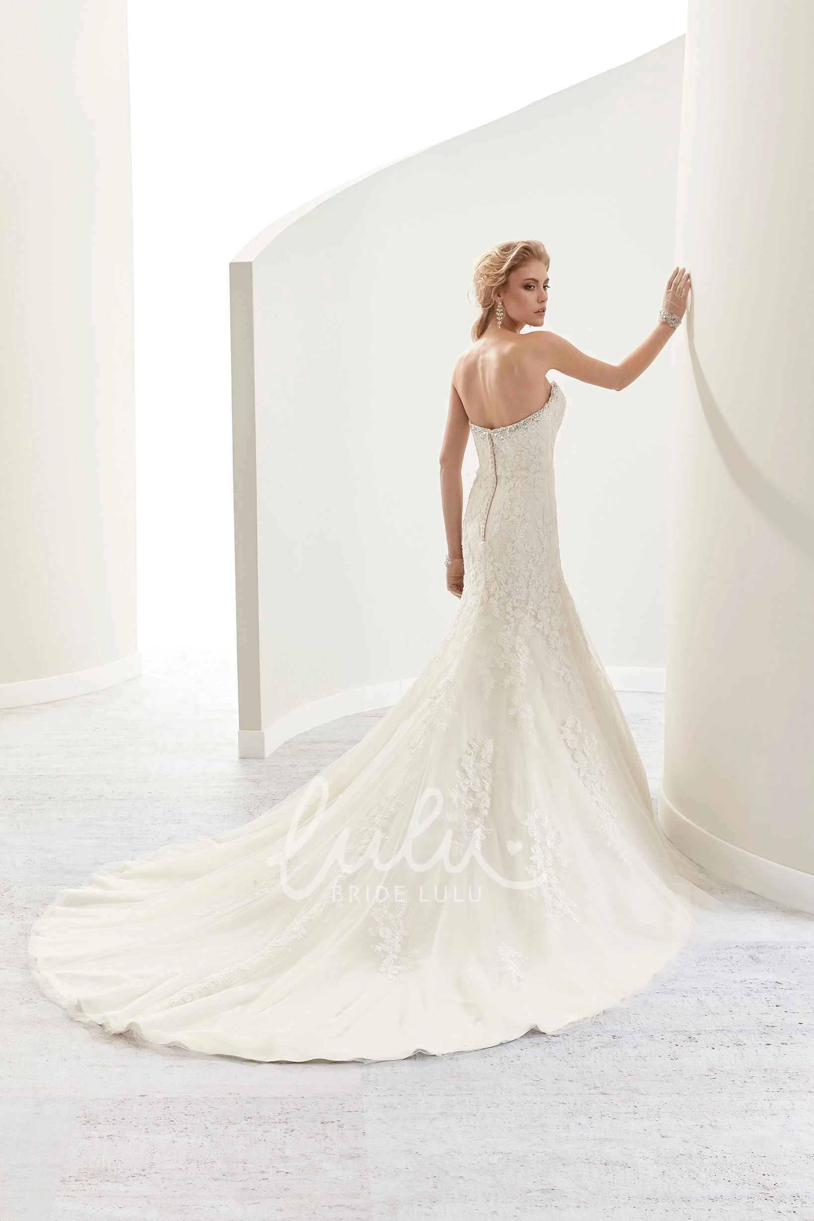 Lace Wedding Dress with Beaded Appliques and Court Train