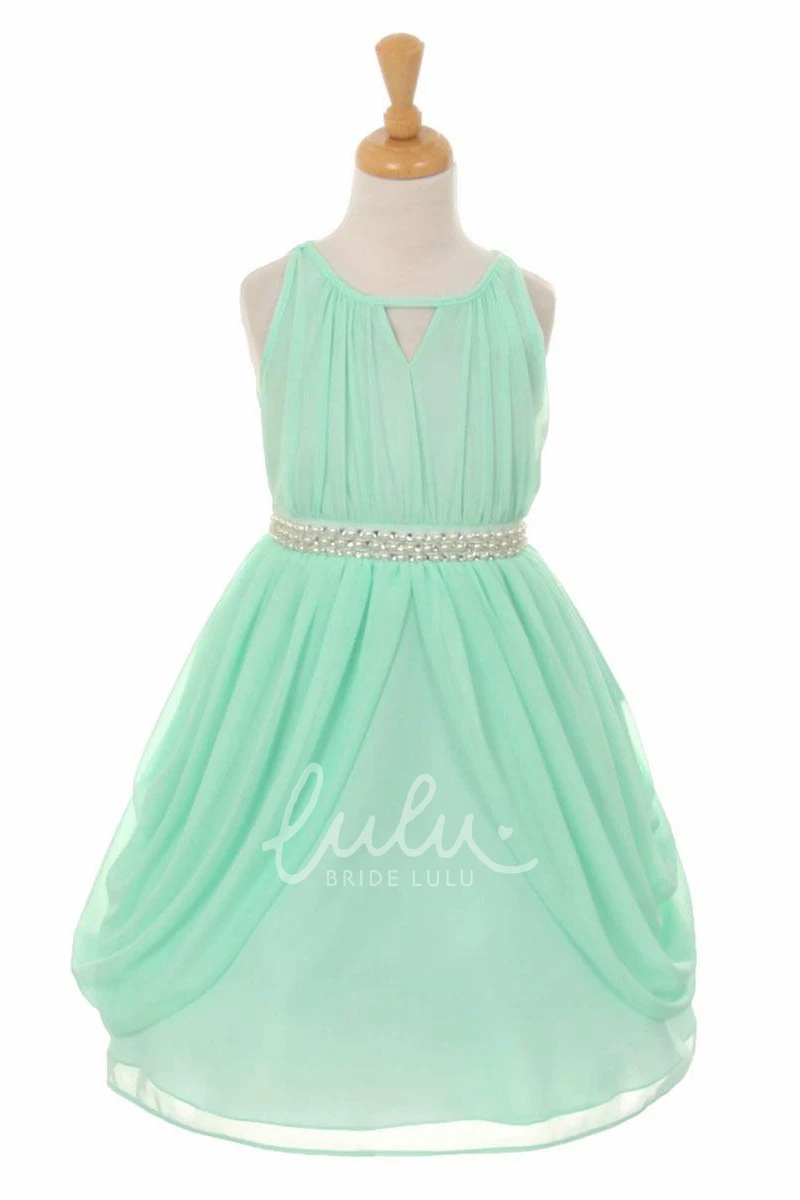 High Neck Ribbon Tiered Chiffon Flower Girl Dress Tea-Length Modern