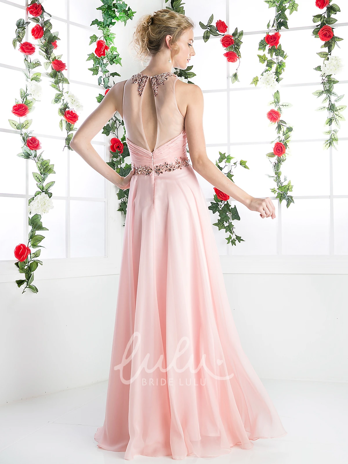 A-Line Sleeveless Chiffon Illusion Prom Dress with Ruching and Beading