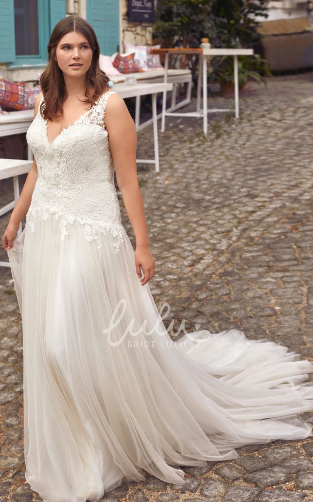 Modern Lace A Line Wedding Dress with Appliques Court Train Sleeveless V-neck