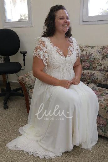 Plus Size V-Neck Lace Chiffon Wedding Dress with Short Sleeves Modern Wedding Dress