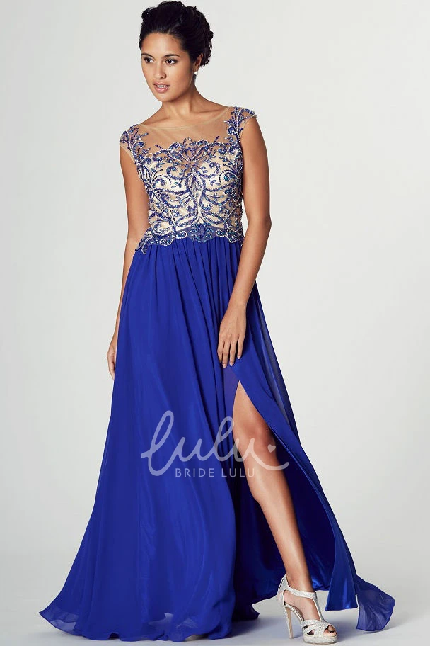 Beaded Chiffon A-Line Prom Dress with Cap Sleeves and Keyhole Back